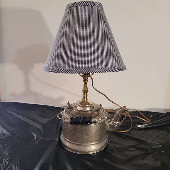 Vtg Nickel Plated Teapot Electric Lamp W/blue Checkered Shade - Picture 2 of 16